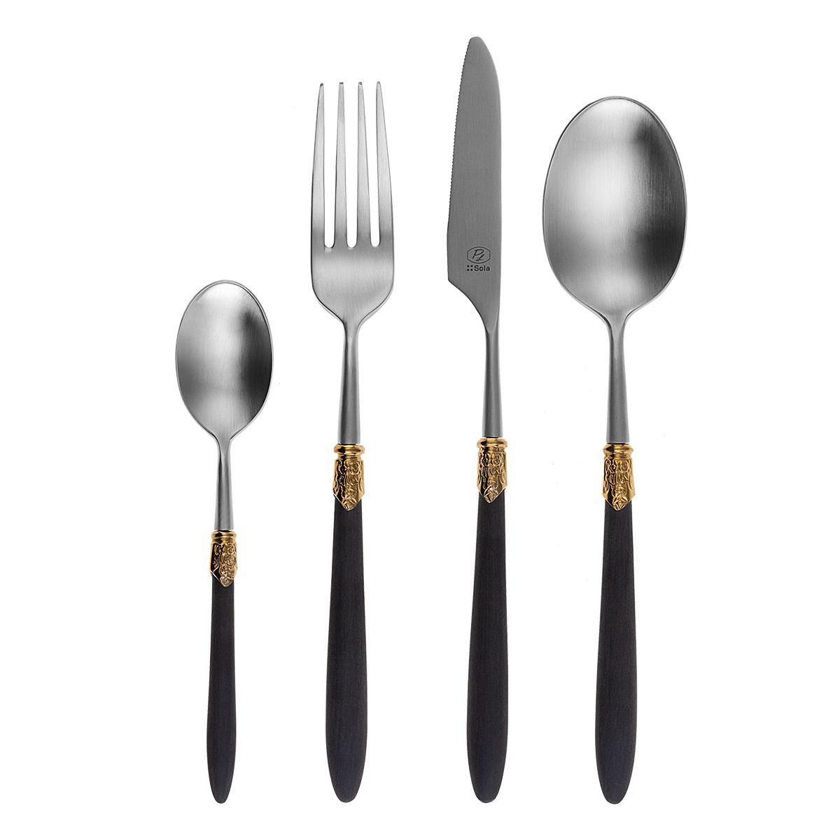 Set de couverts 36 pcs – Gaya Exeter Gold Ring manche noir mat
