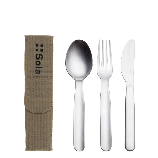 Set de couverts 3 pcs dans un sac beige avec logo SOLA