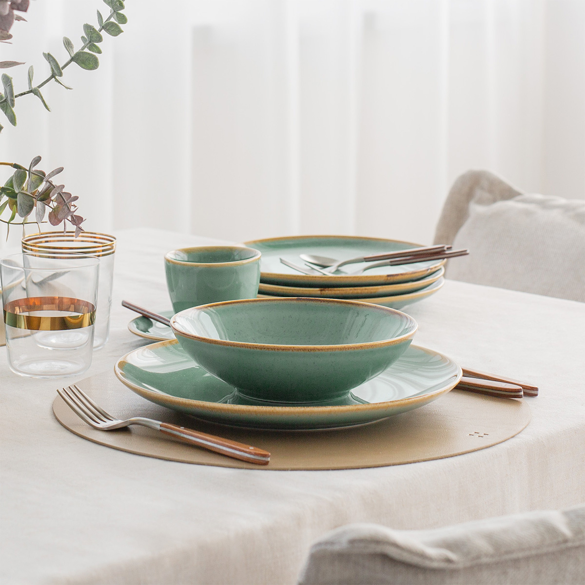 Service en porcelaine 12 pièces | Gaya Sand turquoise