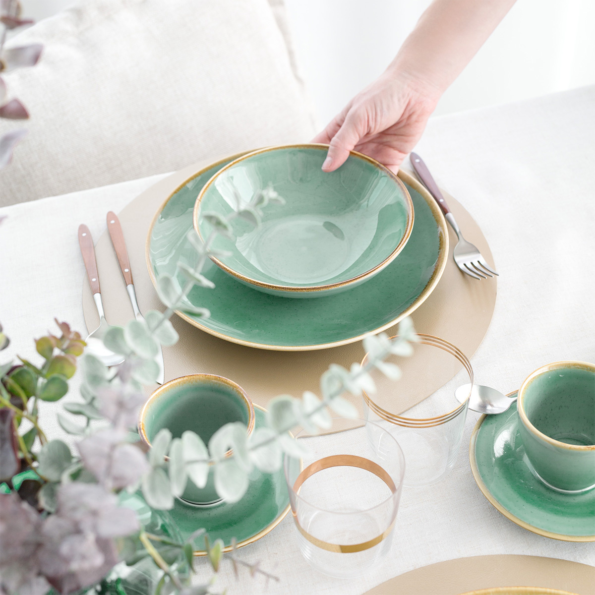 Service en porcelaine 12 pièces | Gaya Sand turquoise