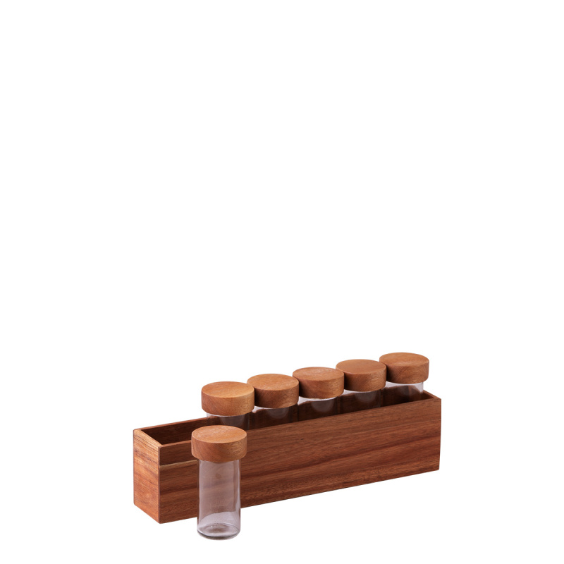 Set de 7 pots à épices sur support Acacia 32,9 x 6 x 11,6 cm - FLOW Wooden