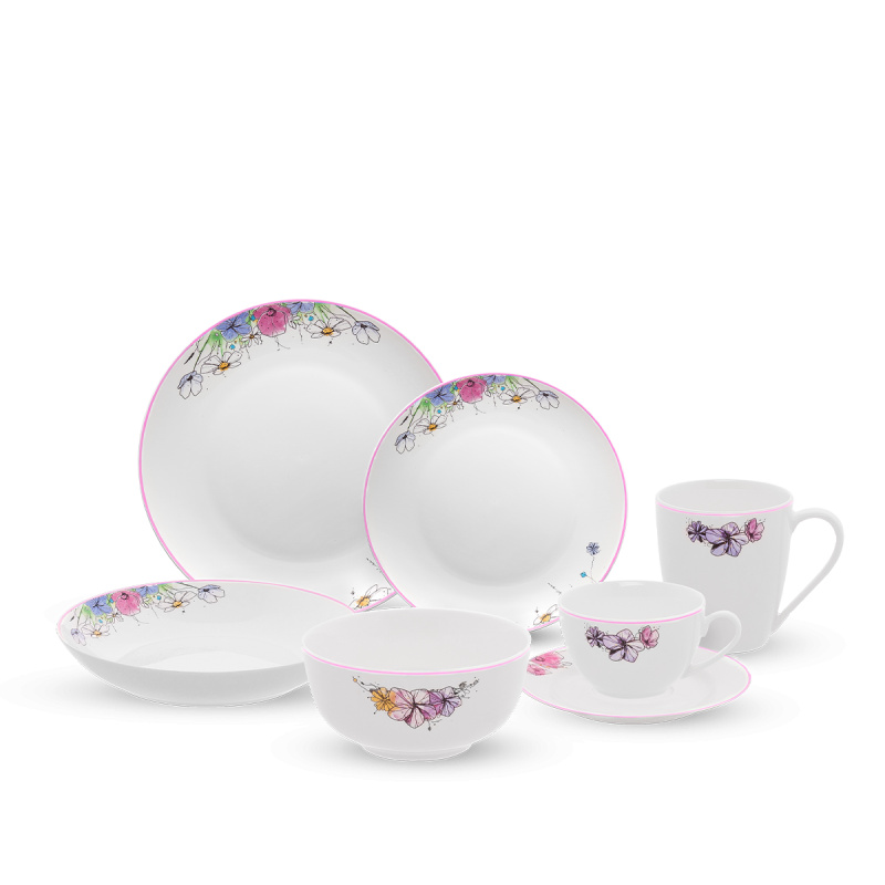 Et en porcelaine de 28 pièces Meadow Flowers avec bord rose – Flow