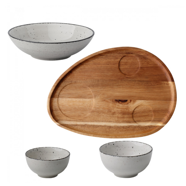 Set Flowl – Bols Gaya Atelier gris mouchetés + Plateau Triangle Acacia