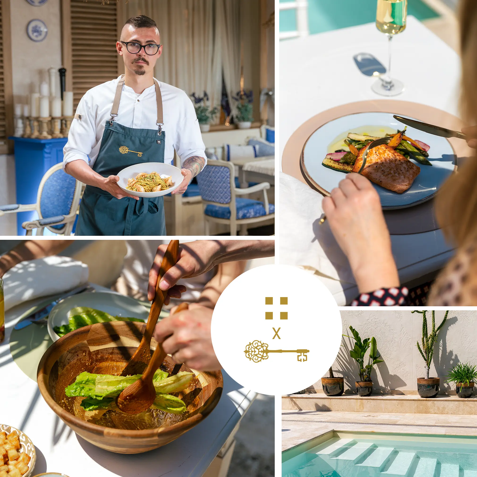 Collage d’un repas en extérieur au bord de la piscine avec un chef, des plats servis et des plantes exotiques 